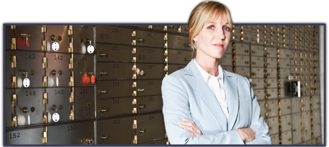 woman in front of bank vaults